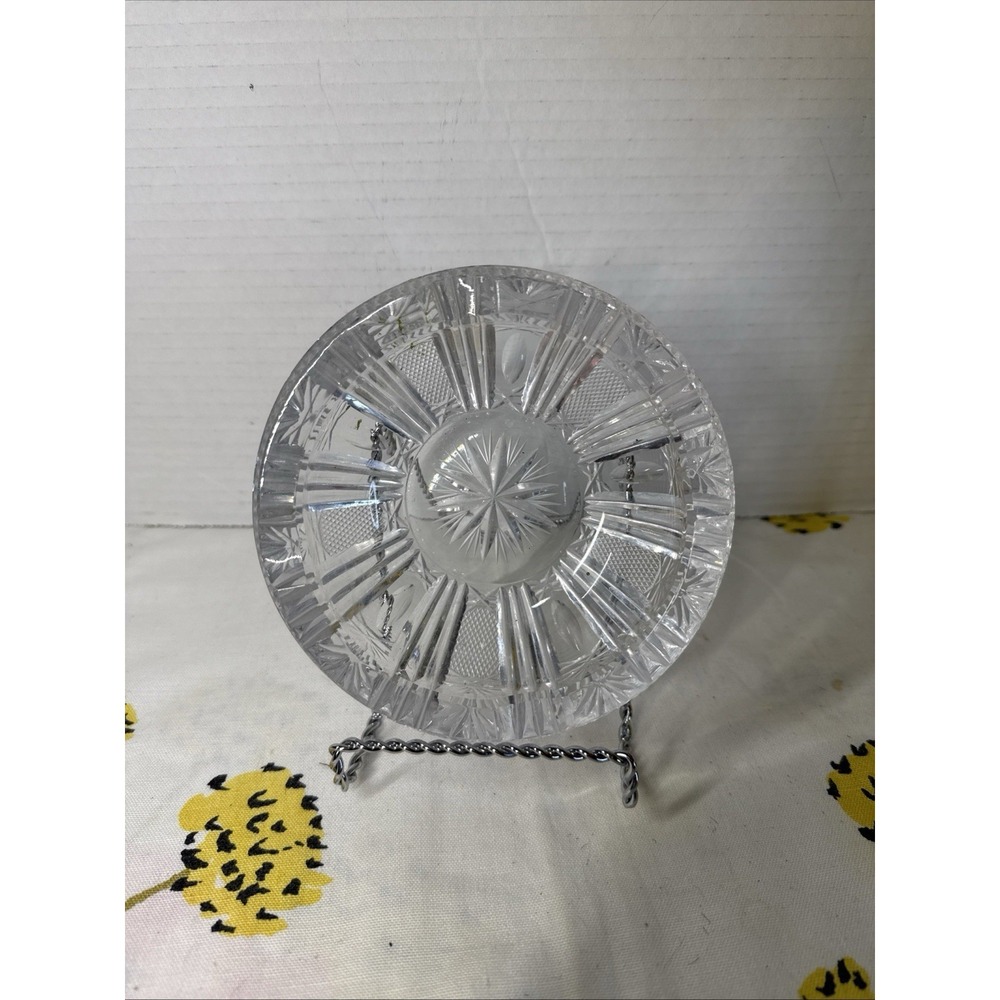 Vntg 5.5" Elegant Heavy Lead Crystal Cut Glass Etched Ashtray Clear 4 Slots.